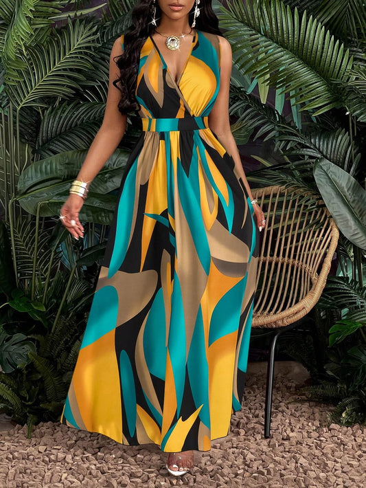 Tropical Print V-Neck, Waist Section Cable Knit Fit And Flare Maxi Dress.  S-2X