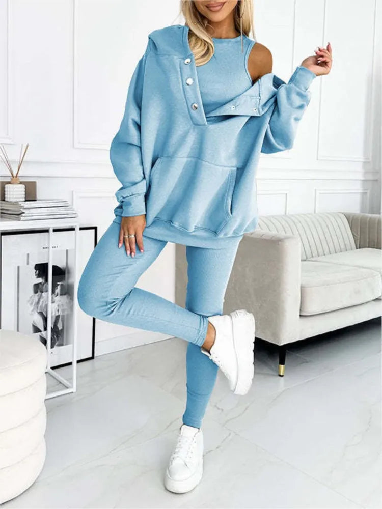 Women Hooded Long-sleeve Pocket Pullover 3-piece Hoodie Vest Pants Set Soft Thick Warm Sweatsuit .  Sz: S-3X