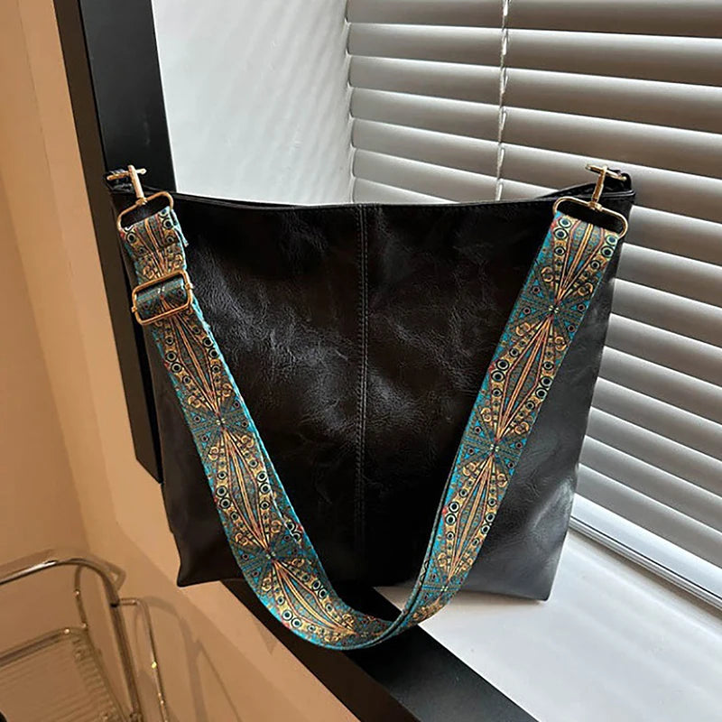 Versatile Geometric Strap Shoulder Bag Large Capacity Cross-body Retro Pu Leather Women's Bag