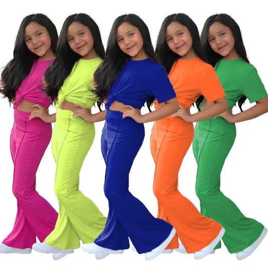 2025 Summer Girl Bell Bottom Outfits 2pcs Solid Cotton T-shirt Pants Suit For Children Teenage Girls Fashion Tracksuit Clothes