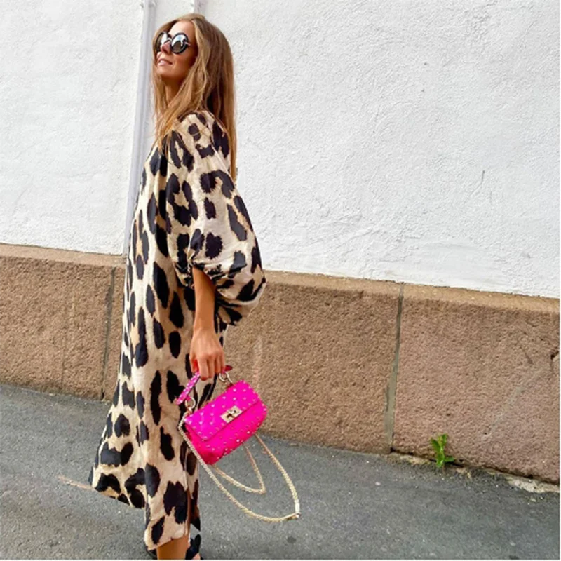 Leopard Printed Lantern Long Sleeved Women's Loose V-neck High Street Elegant Casual Dress.  S-2X