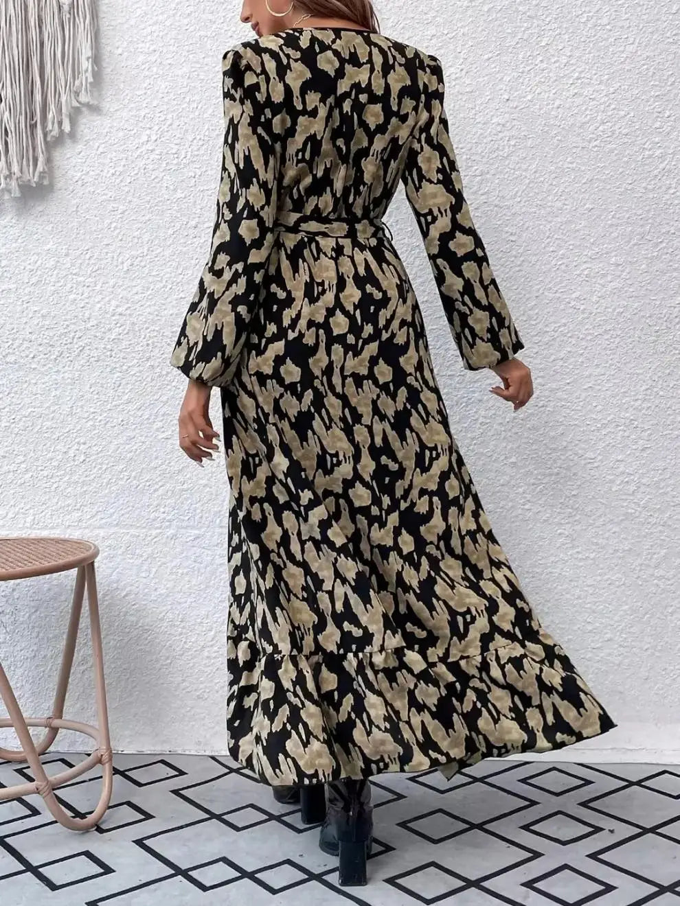 Women's V-Neck Print Maxi Dress - Long Sleeve Belted Asymmetric Ruffle Dress S-XL