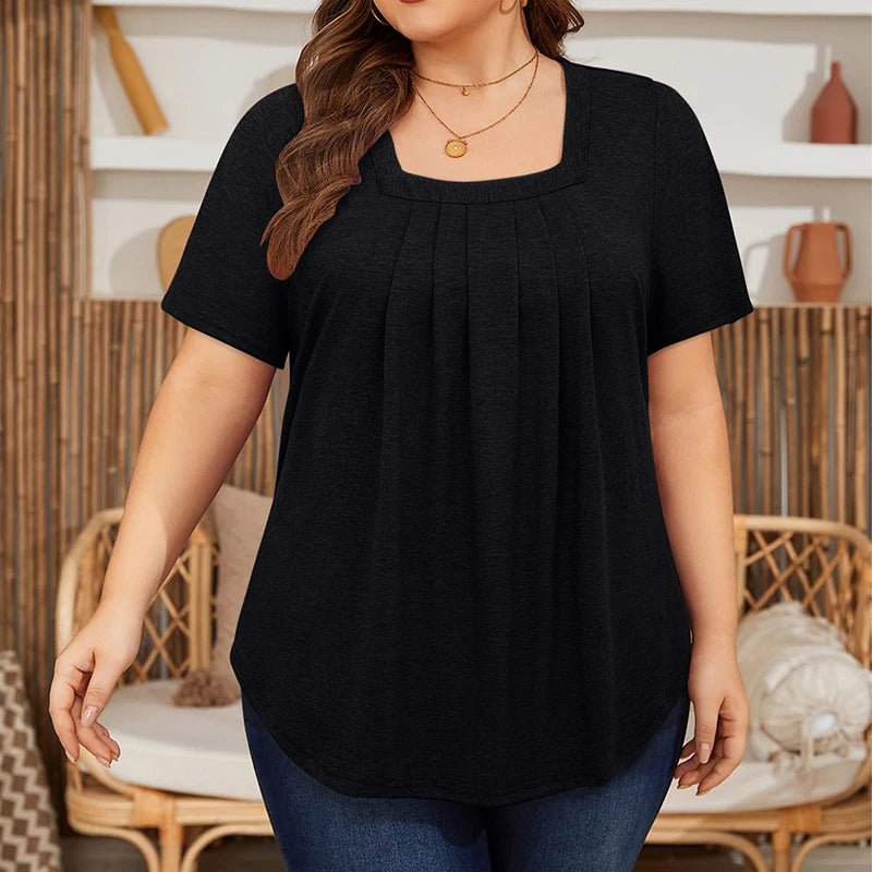 Plus Size Woman Solid Colour Short Sleeve T-shirt Elegant Pleated Square Neck Casual Tee