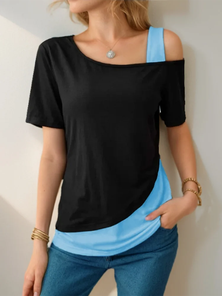 Chic Color Blocking Short Sleeved Women Solid Colour Off Shoulder Summer Casual Top.  S-3x