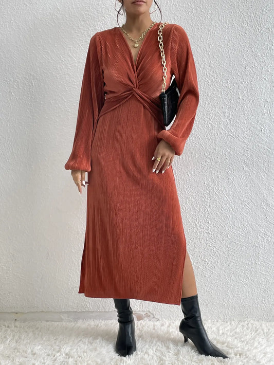 Midi Dress Long Sleeve Party Dress Front Cross Sexy Elegant .