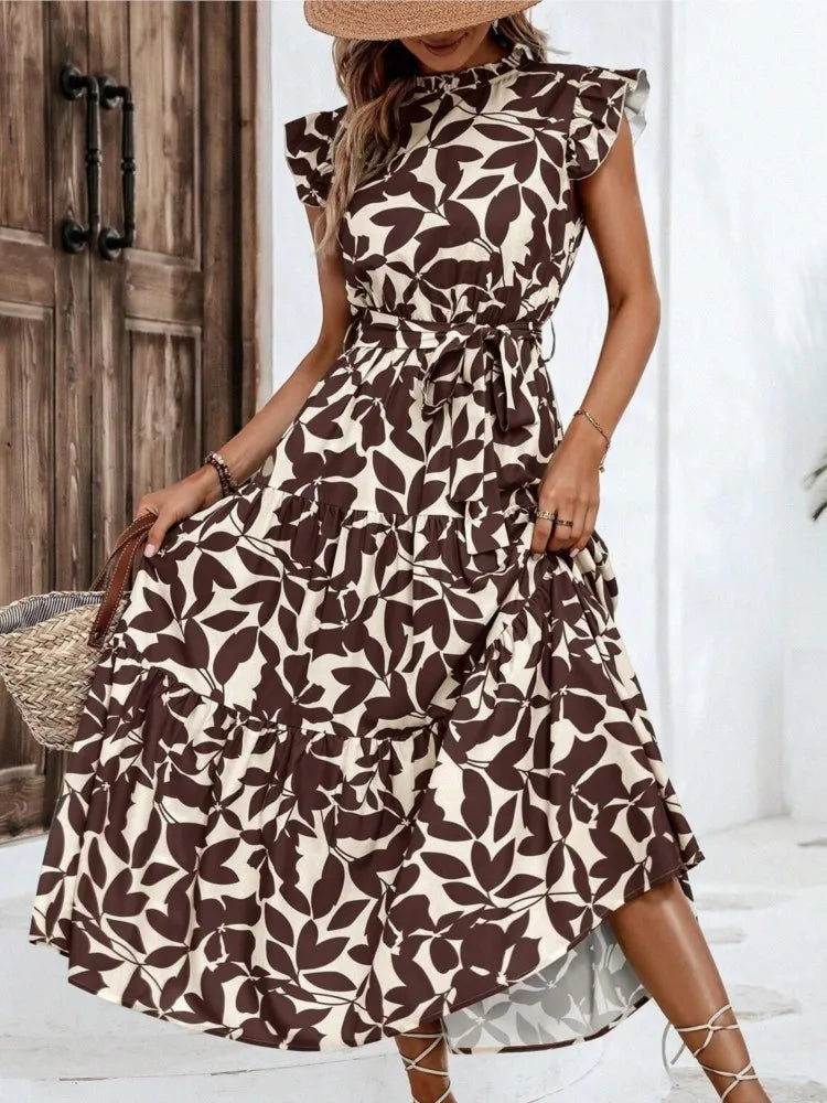 Elegant Women's Flower Midi Dress New Summer Fashion Stand Collar Flying Sleeve Dress Casual Dress.  S-2X