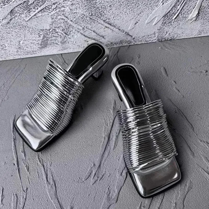 Square Toe Sandals Summer Shiny Solid Colour Heel Sandals