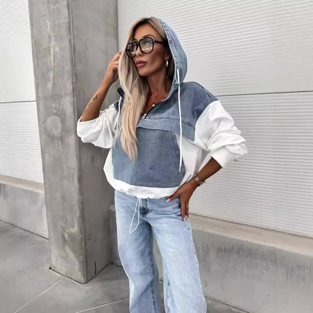Washed Denim Shirt/ Hoodie Loose Vintage Hooded Pullover Top Patchwork Shirt.  S-XXL