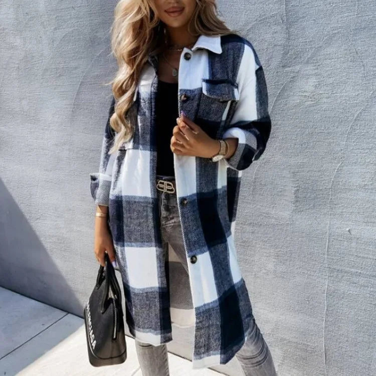 New Women's Loose Casual and Versatile Mid-length Plaid Shirt