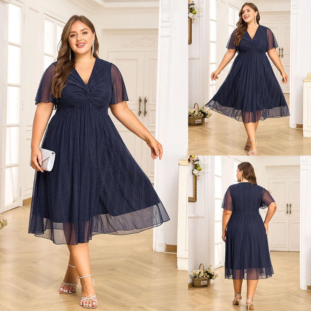 Plus Size Women's V-Neck Solid Elegant Evening Party Dress.