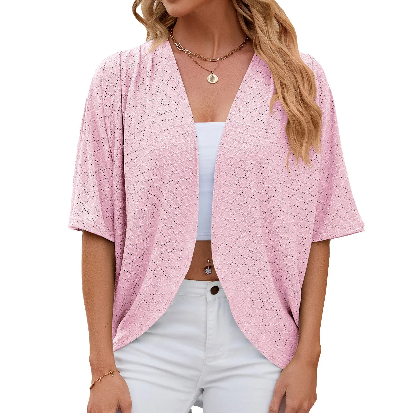 New spring Summer Fashion Ladies Hollow Out Cardigan solid color short-sleeved casual loose top Women Outwear.  S-2X