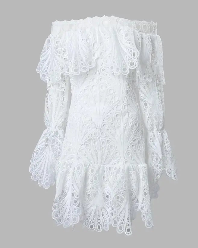 Ladies Elegant Dress Embroidery Off Shoulder Ruffle Hem Party Mini Dress.