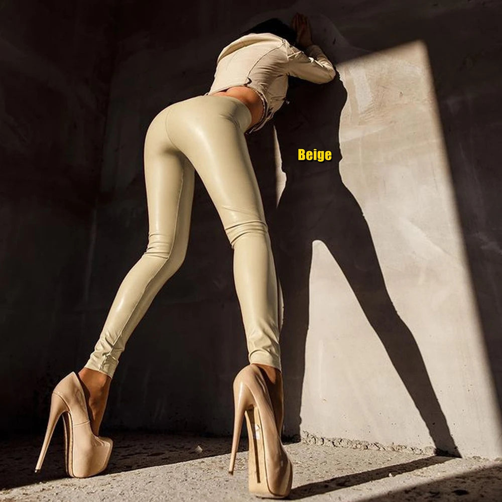Women's Fashion Skinny Leather High Waist Stretchy Leather Pants.  S-5XL