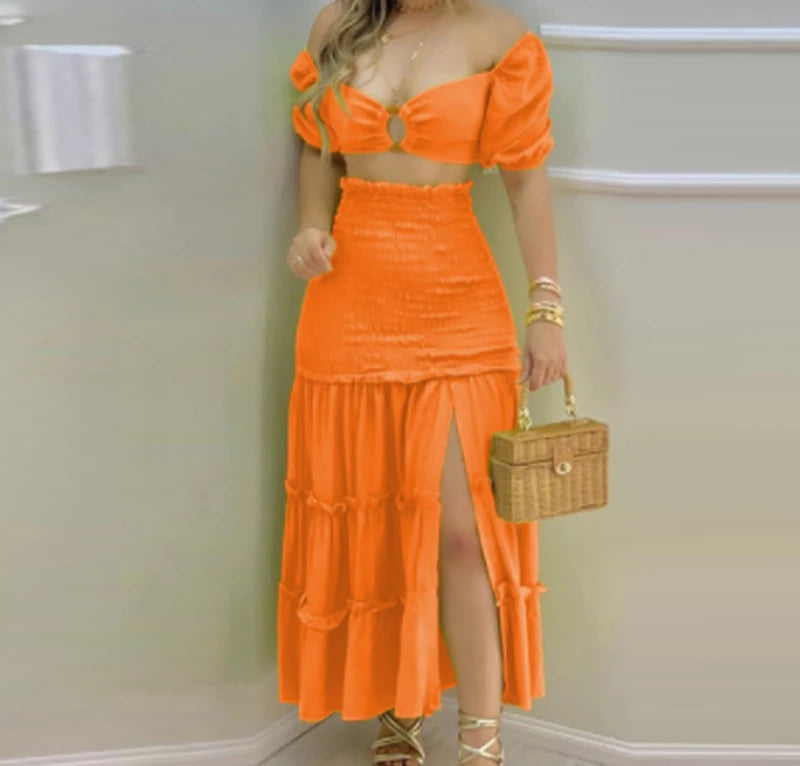 2 Piece Set Women Outfit Great Vacation And Everyday Wear Floral Print Crop Top Shirt +Slit High Waist Women Maxi Skirt.  S-3x