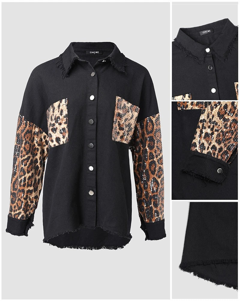 Women’s Turn-down Collar Jackets Contrast Leopard Sequin Patchwork Long Sleeve Jacket/ Top Button Front Raw Hem Shacket