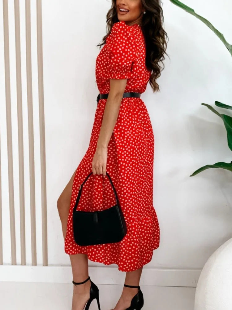 New Summer V Neck Short Sleeve Split Midi Dress Women Fashion Vintage Button Belt Elegant Floral Print Dress .  S-2X