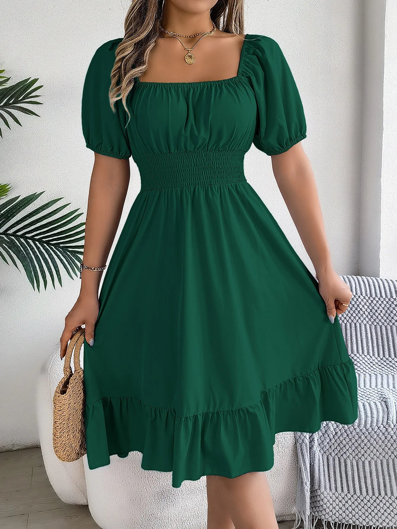Women's Summer Casual Square Neck Short Sleeved Ruffle Edge Dress