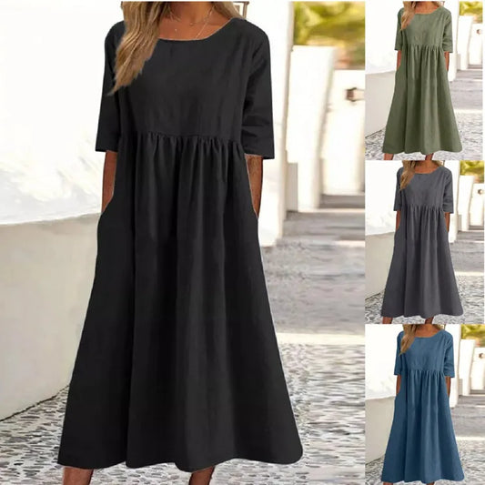 Casual Loose Long Plus Size High Waist Cotton Linen Dress.   S-5X