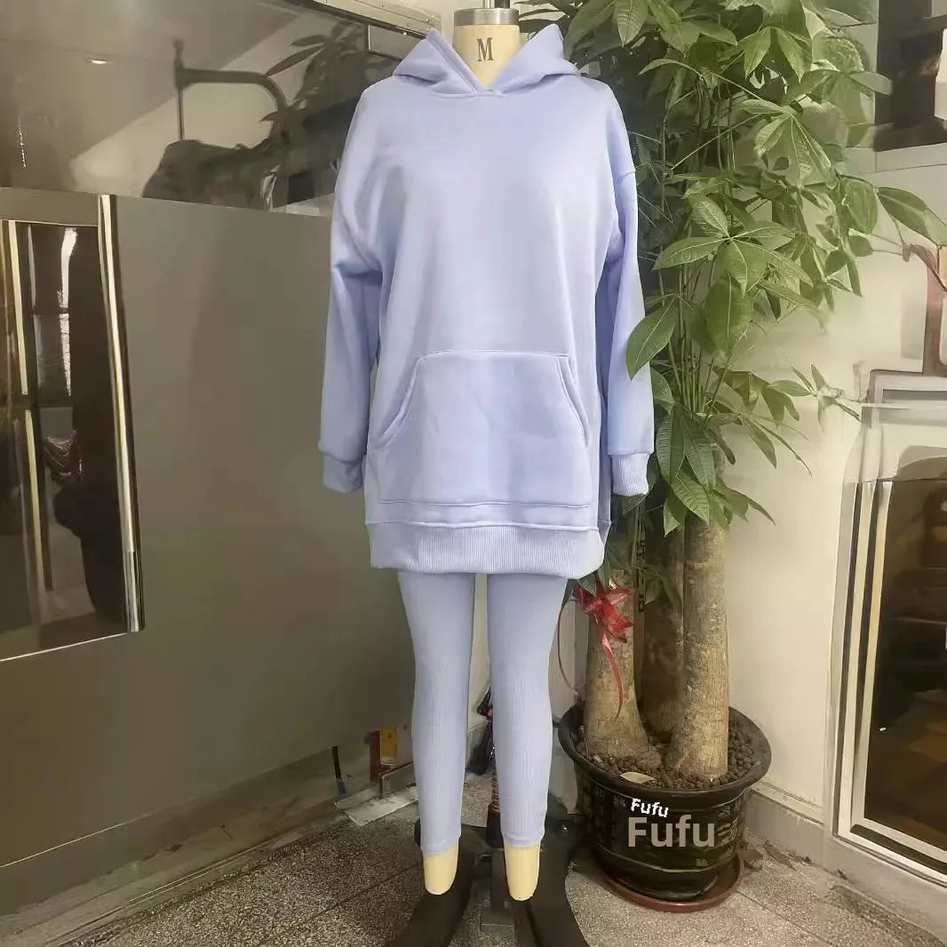European Style Sporty Casual Hooded Sweatshirt Thickened Screw Thread Two-Piece Outfit.  S-5x