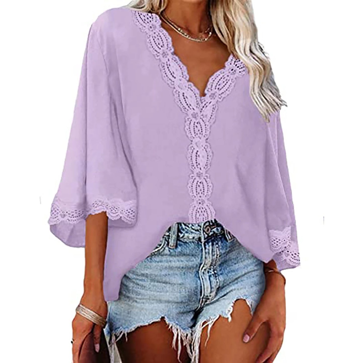 European style spring and summer new women's shirt flared sleeve V-neck loose shirt.  S-2X