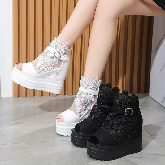 Summer Buckle Platform Sandals 10CM Wedge Heel Peep Toe Lace Breathable Shoes
