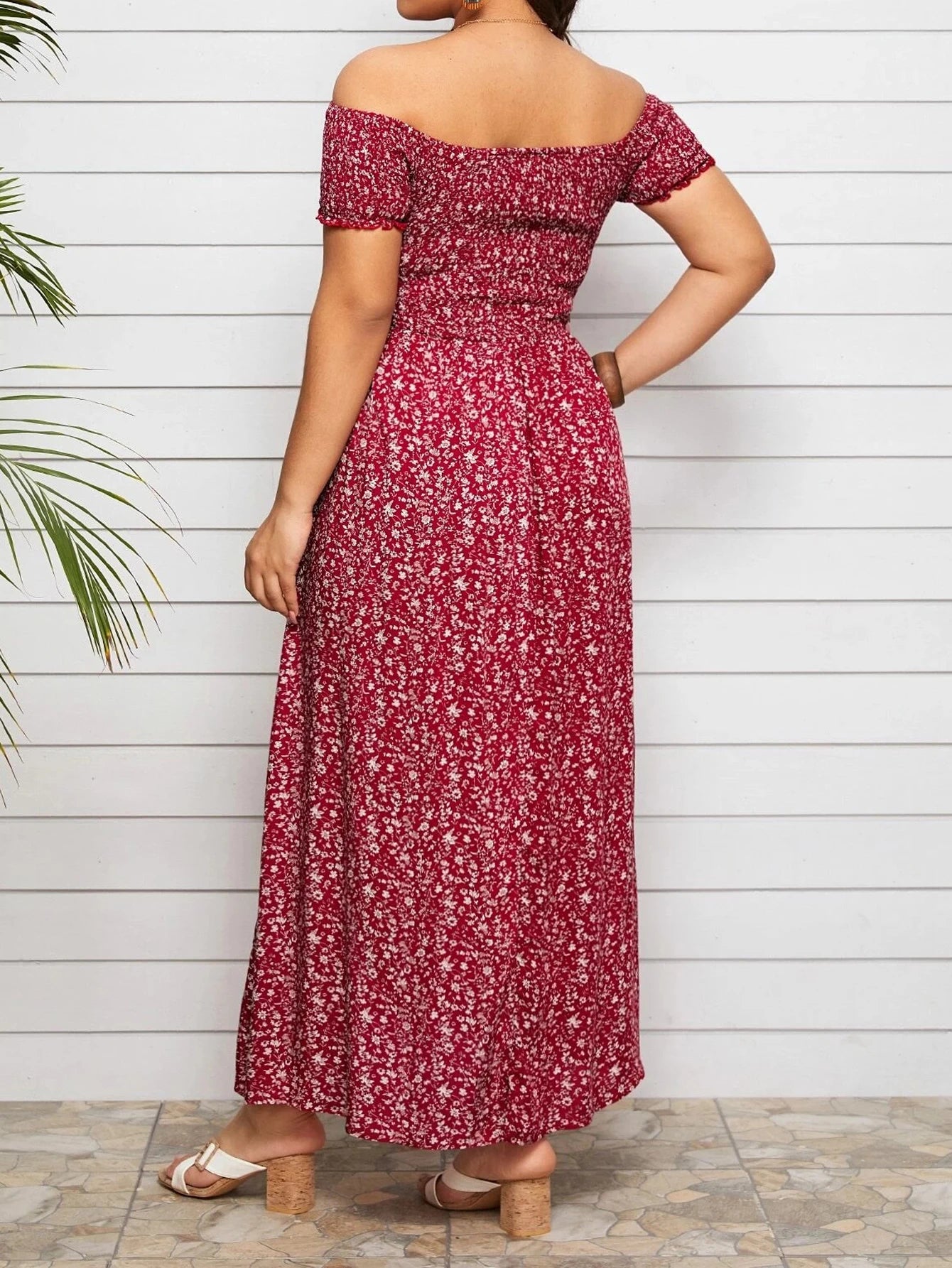 Summer Women's Boho Floral Print Off Shoulder Split Long Dress.