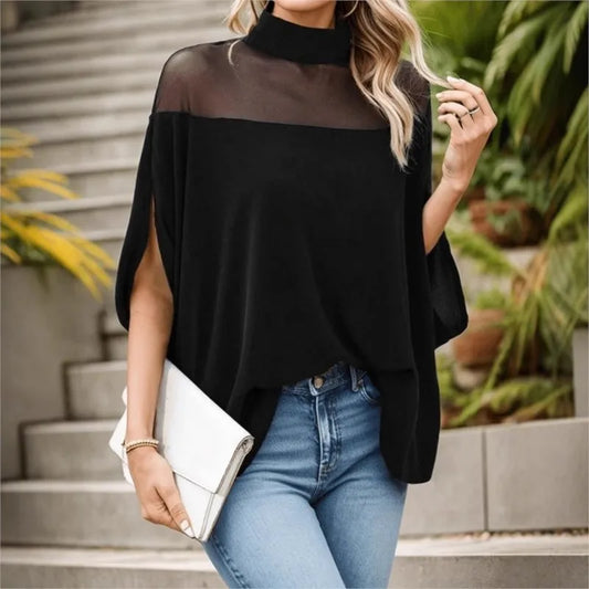 Women's Elegant Sheer Mesh Patchwork Mock Neck Top Loose Fit Casual Batwing Half Sleeve.  S-1X