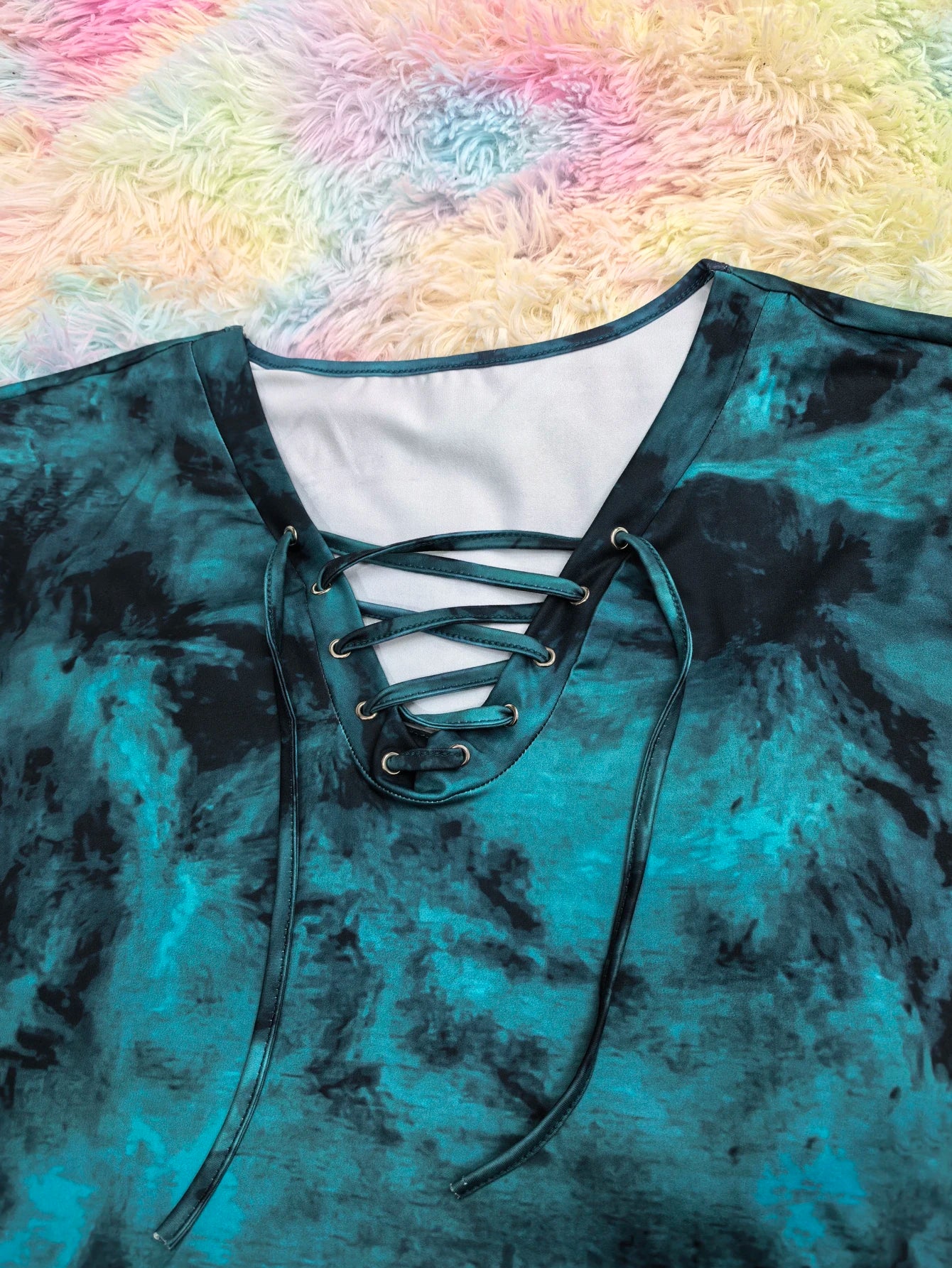 Plus size tie-dye printed short-sleeved T-shirt elegant lace-up design casual style