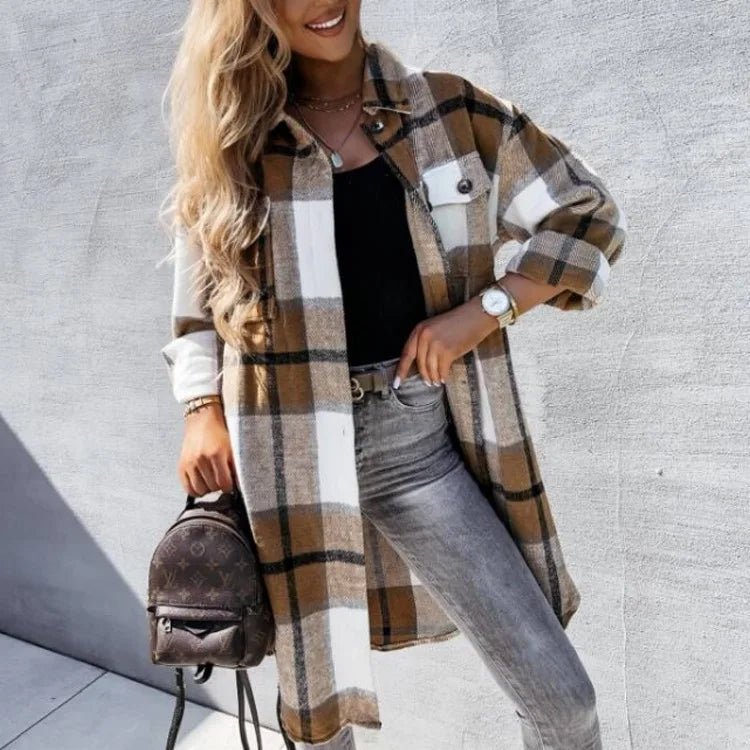 New Women's Loose Casual and Versatile Mid-length Plaid Shirt