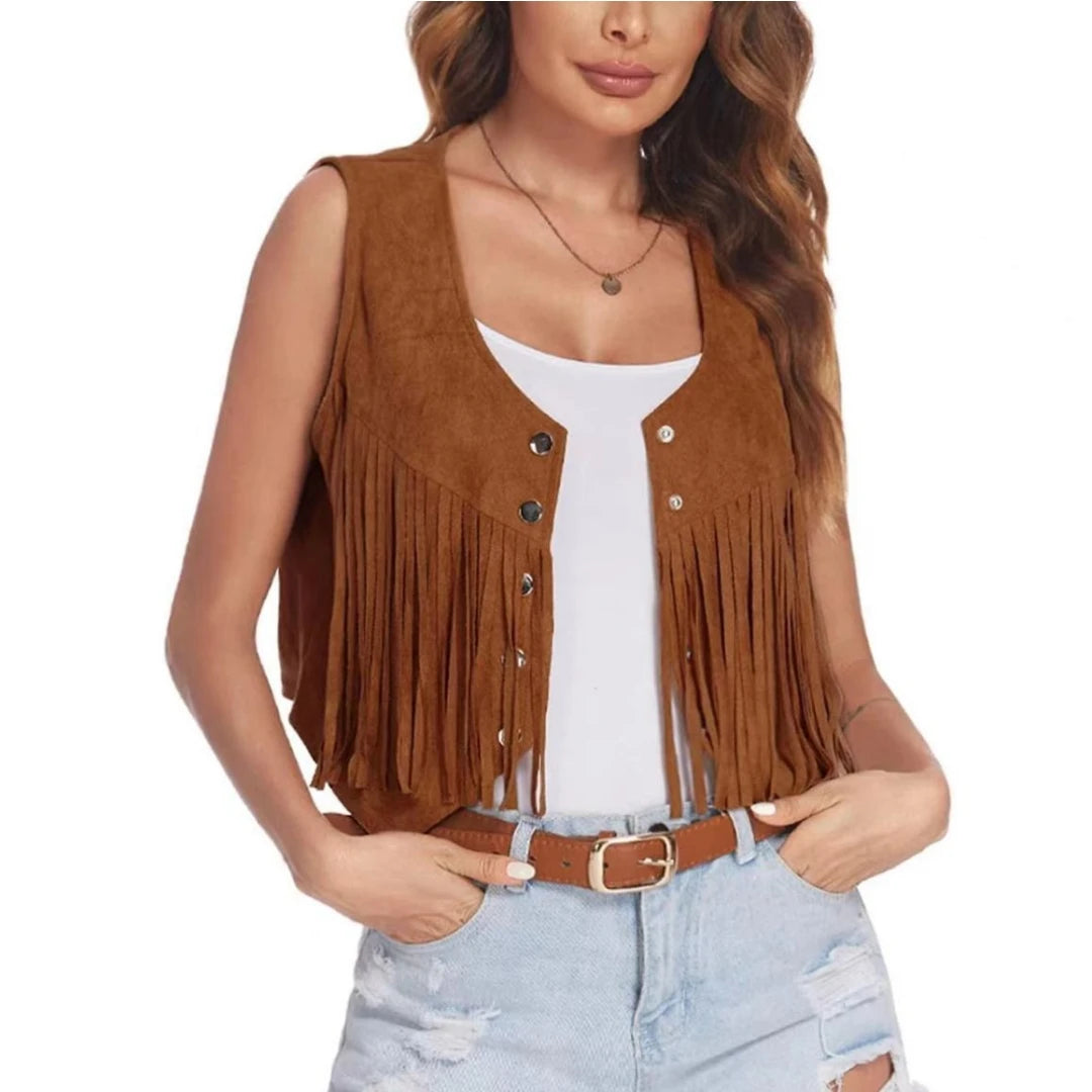 Women Faux Suede Ethnic Sleeveless  Rivet Fringe Tassels Hippie Open Front Vest Vintage Cowgirl Vest