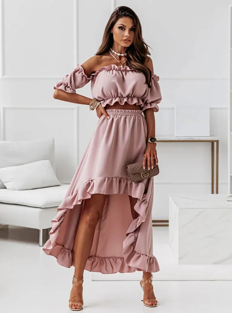 Ladies Two Piece Summer Sexy Short Sleeve Shirt And Slow Skirt Suit Solid Chic Off Shoulder, Puff Sleeve Short Top