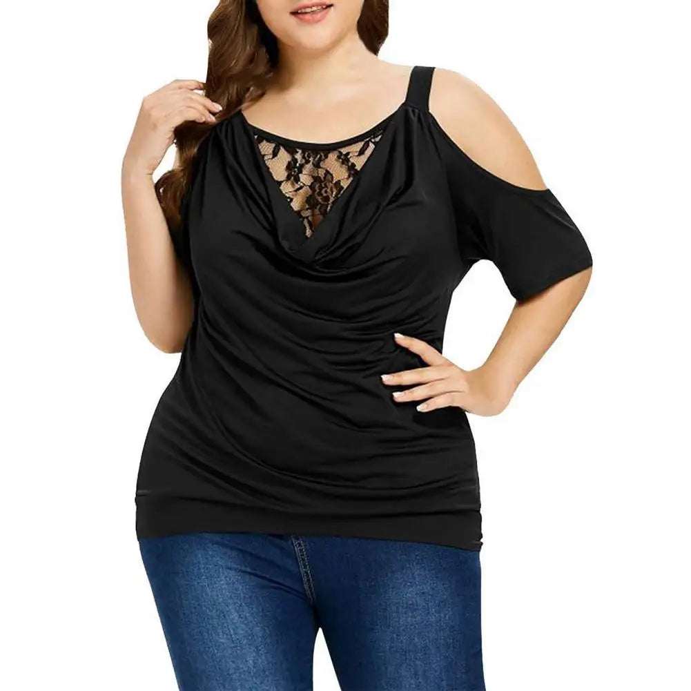 Plus Size Summer Women Blouse Lace Short Sleeves Hollow Out Solid Colour Off Shoulder Blouse