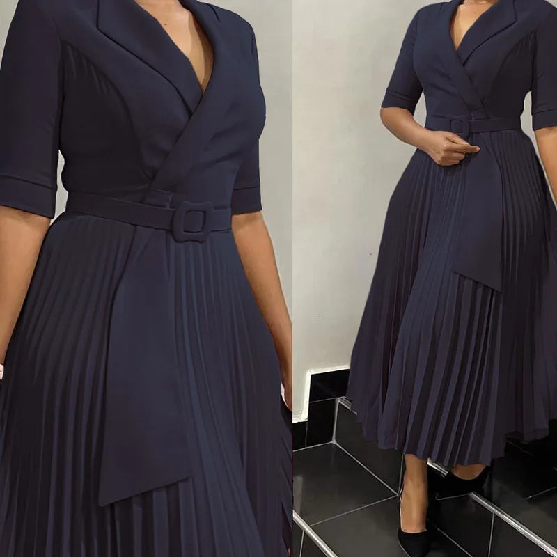 Elegant Pleated Notched Collar Half Sleeve Belt Waist Mid Calf Dress.   S-xxxL