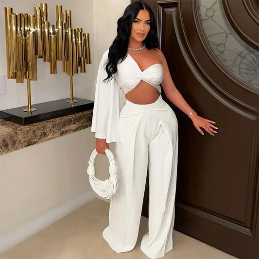 Ladies Sexy Two Piece Matching Set Wide Leg Pants One Shoulder Top.  Sz: S-xxL