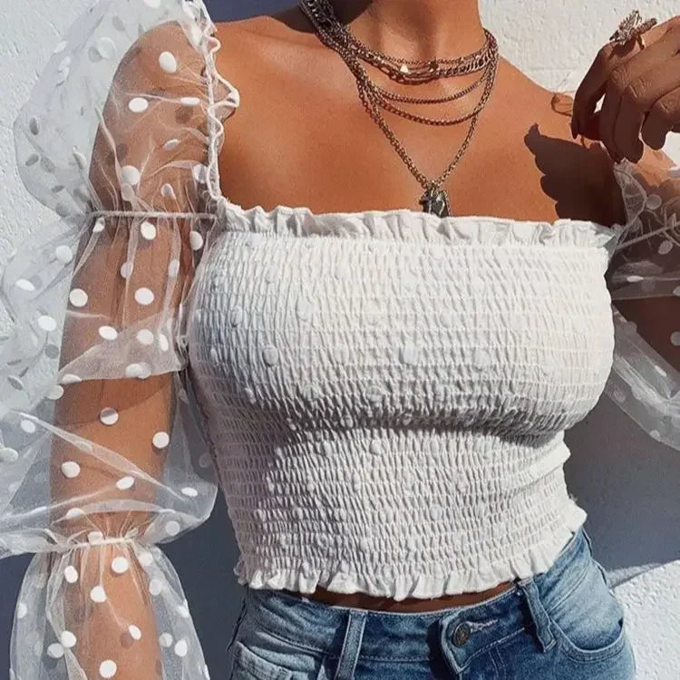 Mesh Puff Long Sleeve Square Neck Crop Top Summer Fall Sexy Blouse .