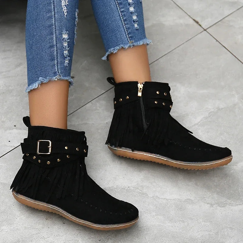 Bohemian Style Tassel Faux Suede Buckle Strap Short Boot.