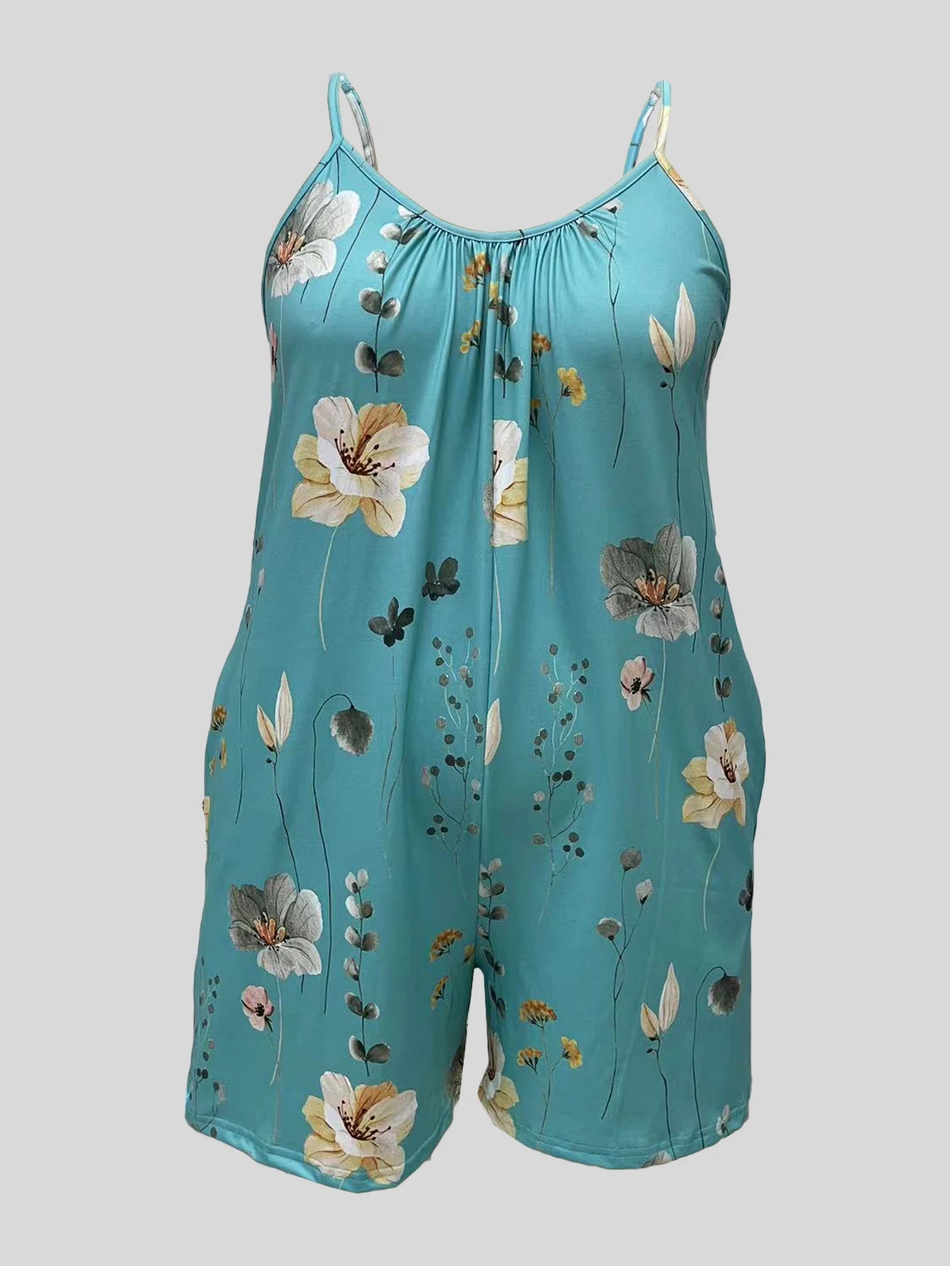 Plus Size Allover Print Romper Jumpsuit, Casual Pocket Ruched Sleeveless Romper.