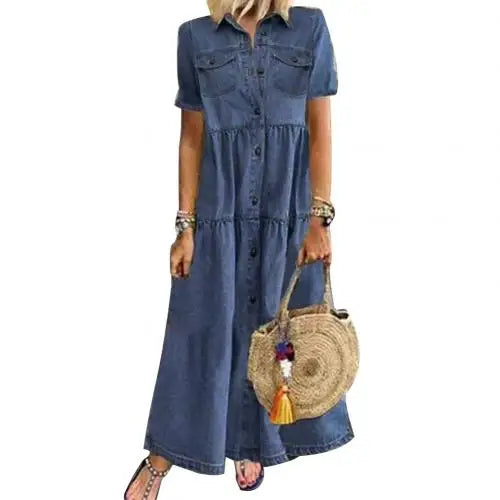 Retro Women Dress Short Sleeve Turn Down Collar Pockets Button Long Loose Denim Long Dress.  S-3X