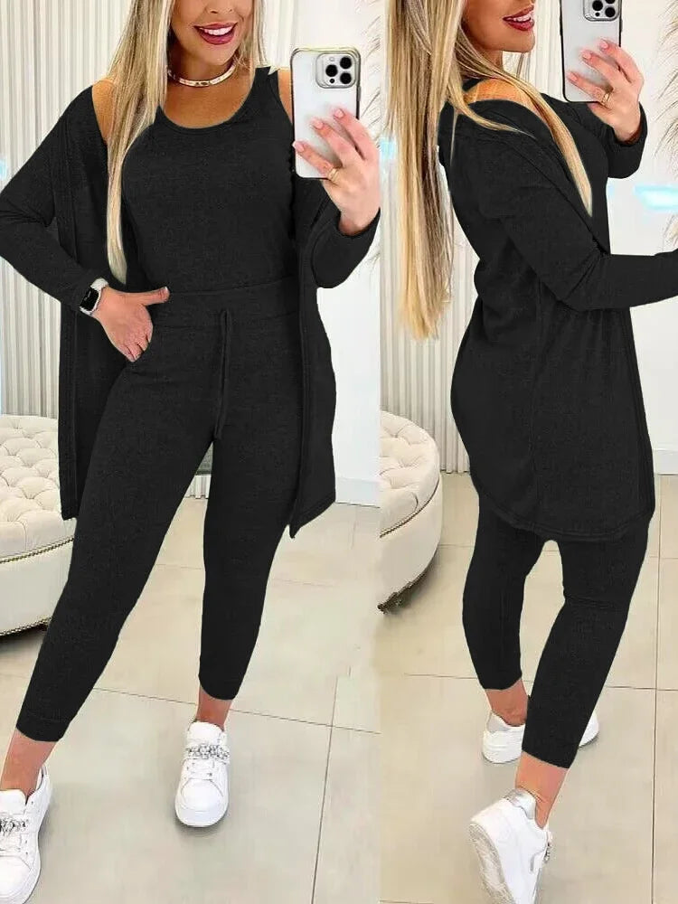 Fall Three Piece Set 2025 Casual Tank Top & Drawstring Pants Set & Coat Matching 3 Pieces Sport Wear.    S-2X