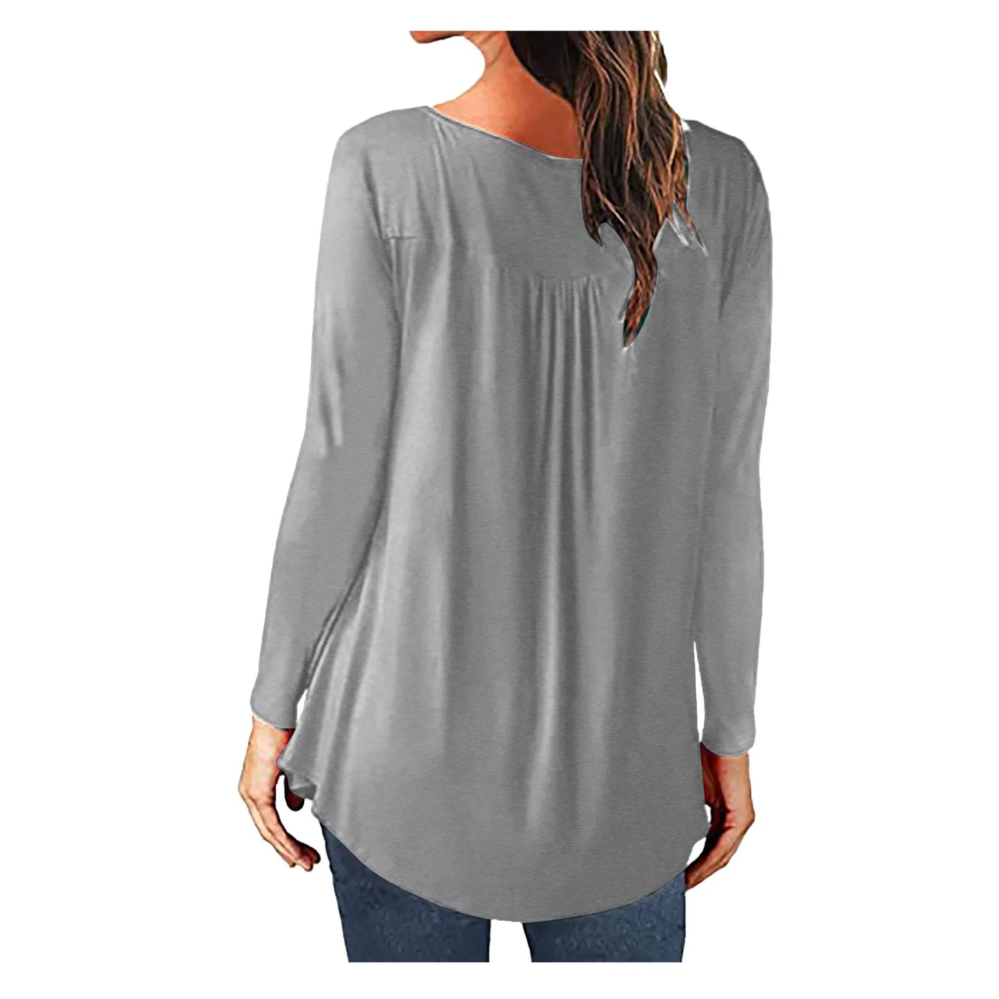 Summer Women Solid Print Tops Long Sleeve T-Shirts Tunic Pullover Button Round Neck Causal Blouse