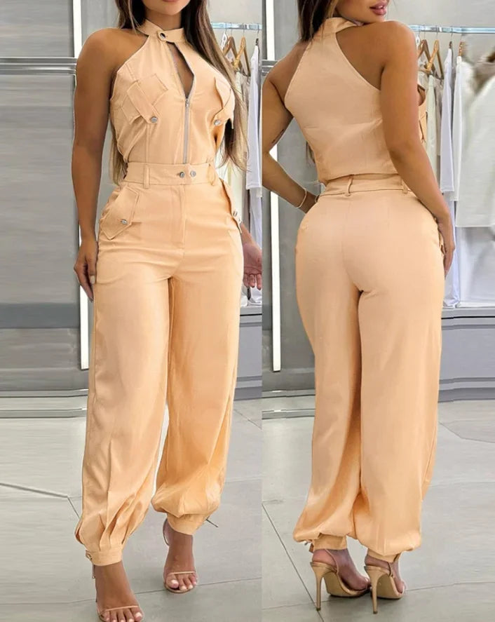 2025 Sexy Elegant 2 Pieces Sets Women's Outfits Sleeveless High Neck Top With Pocket Design and Casual Cuffed Long Pants Set