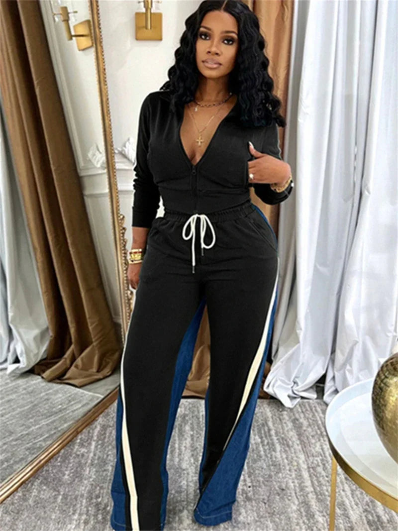 Streetwear Colorblock 2 Piece Sets Women Outfit Women Zip Top Pant Set Casual Tracksuits Set.  S-2X