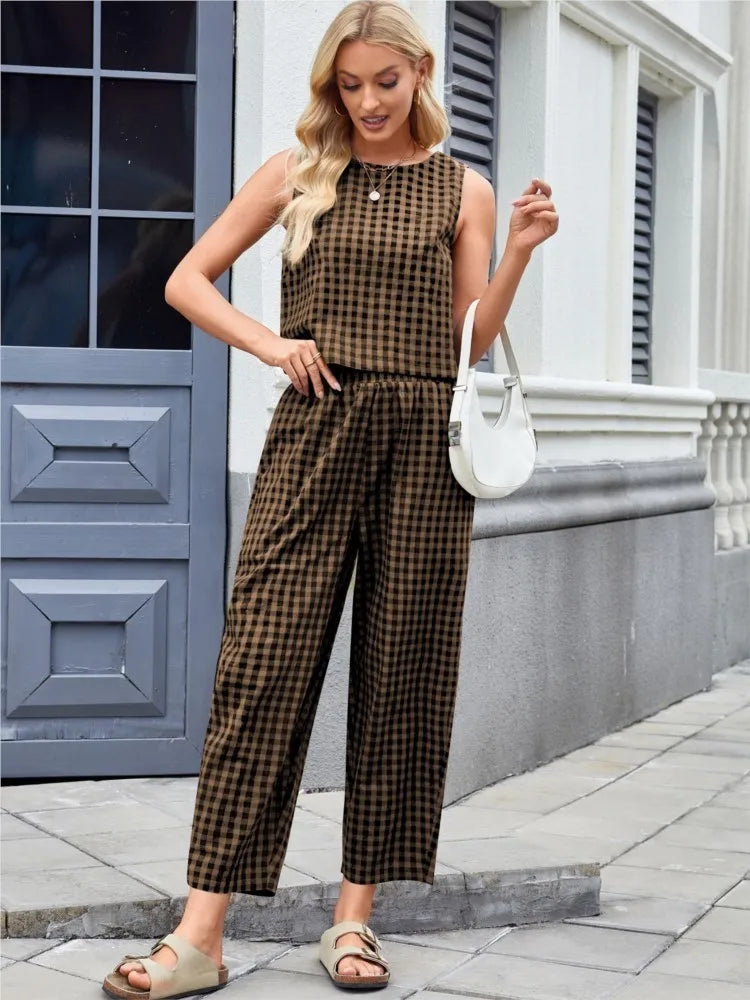 Women Pant Set Fashion Plaid Print Sleeveless Top Loose Pants Two Piece Casual Outfit.  S-2X