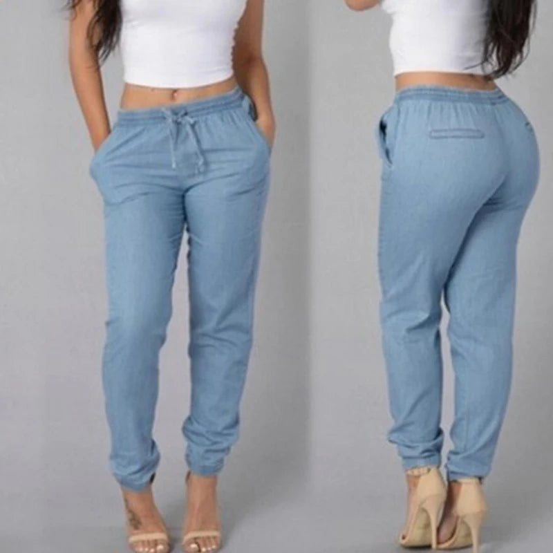 Elastic Waist Sexy Loose Pencil Jeans for Women, High Waist Ladies Thin-Section Denim Casual Jeans.  S-5xl