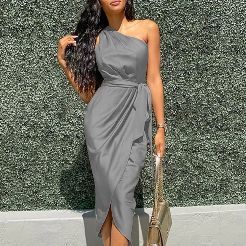 New European Style irregular diagonal shoulder belt, slim fit satin dress.  S-XXL