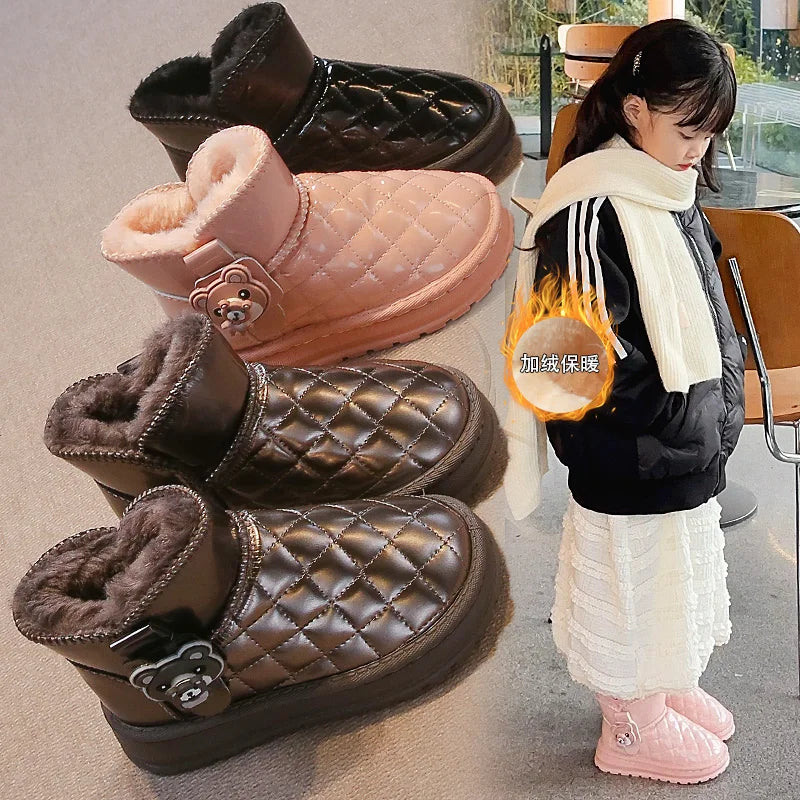 Kids Fashion Boots for Boys Girls Unisex 2024 Autumn Winter Cartoon Bear Classic Slip-on Children Thermal Snow Ankle Boots Warm