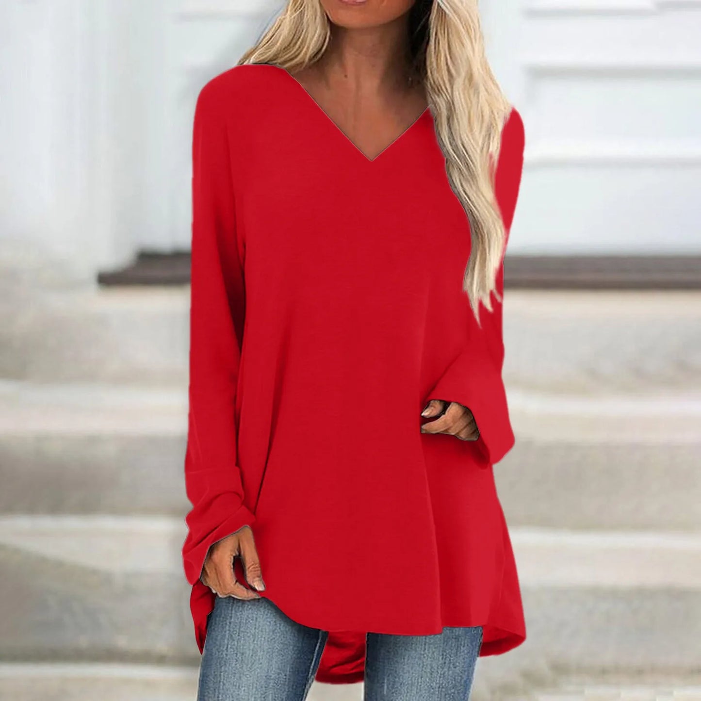 Women's Summer T-shirt Casual Long Sleeve V-Neck Solid Colour Loose Long Blouse/Shirt.  S-3xl