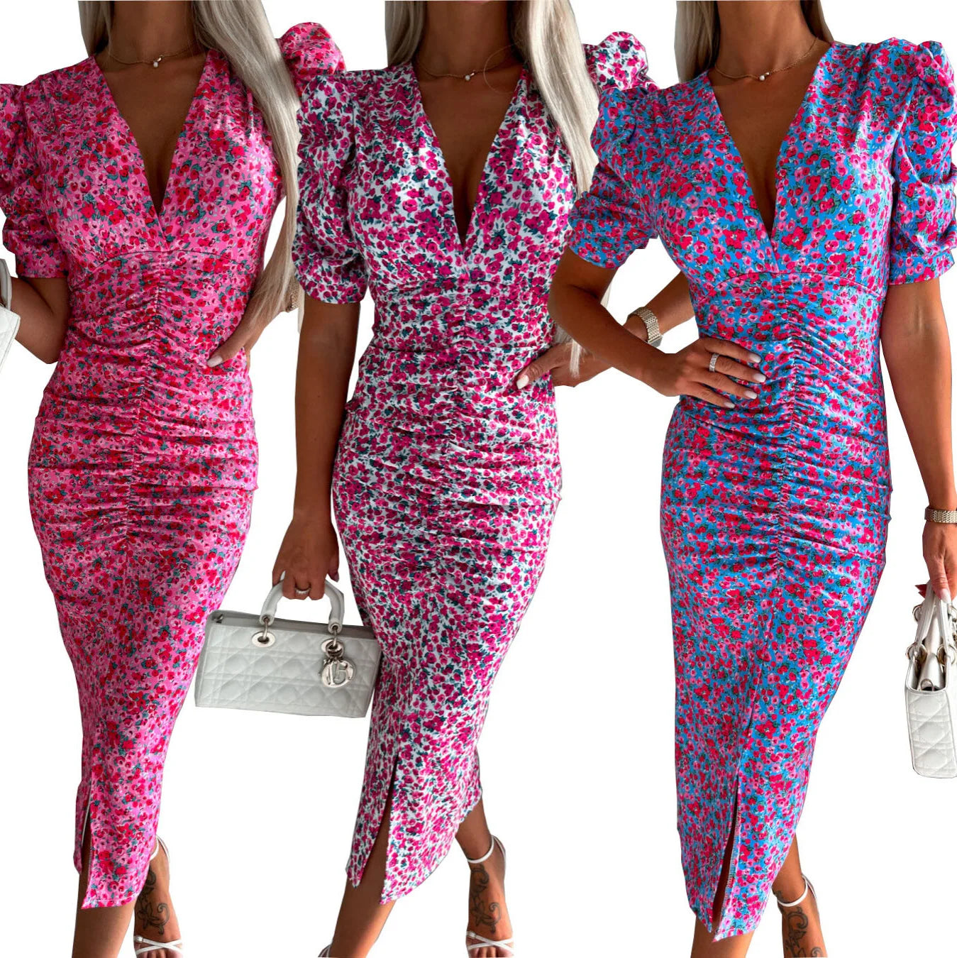 Summer Slim Floral Print Short Sleeve Midi Dress Elegant V Neck .   S-XL