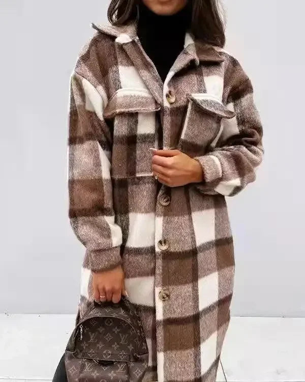 Jacket Spring and Autumn Jacket Women's Plaid Polished Long Sleeve And Pockets Outerwear.  S-2x