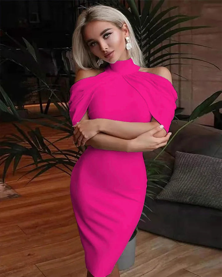 New Solid Colour Slim Midi Halter Neck Off Shoulder Elegant Party Dress.  S-3X